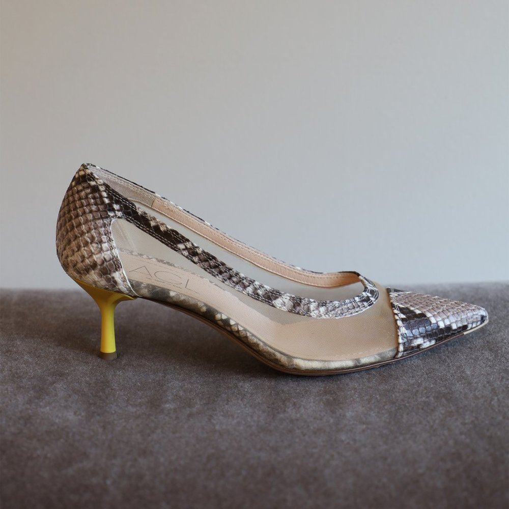 SOLD! AGL Snakeskin and Nude Mesh Pumps with Bright Yellow Heel